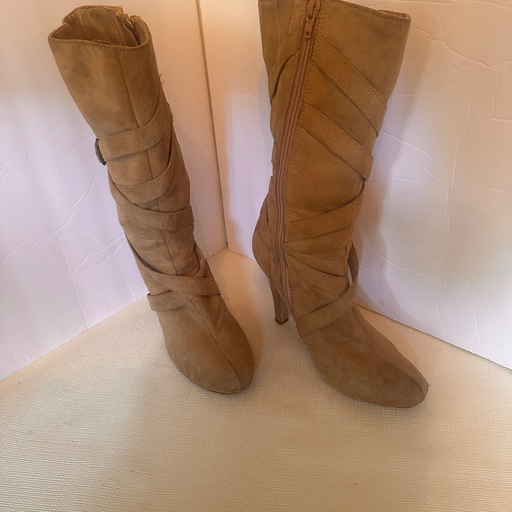 Tan Suede Heeled Boots with Mid-Calf Height